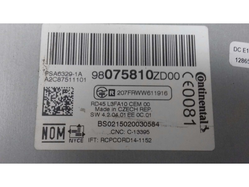 Recambio de sistema audio / radio cd para citroen c-elysée exclusive referencia OEM IAM 98075810ZD A2C87511101 CONTINENTAL