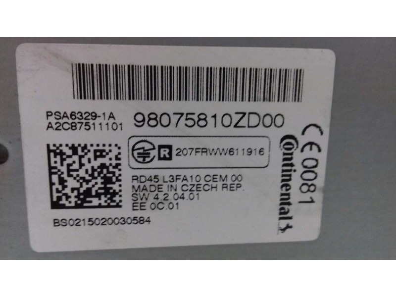 Recambio de sistema audio / radio cd para citroen c-elysée exclusive referencia OEM IAM 98075810ZD A2C87511101 CONTINENTAL