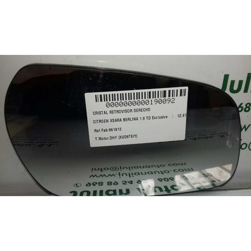 Recambio de cristal retrovisor derecho para citroen xsara berlina 1.9 td exclusive referencia OEM IAM 861812  