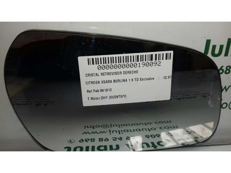 Recambio de cristal retrovisor derecho para citroen xsara berlina 1.9 td exclusive referencia OEM IAM 861812  