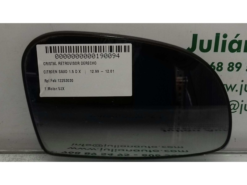 Recambio de cristal retrovisor derecho para citroen saxo 1.5 d x referencia OEM IAM 12253030  