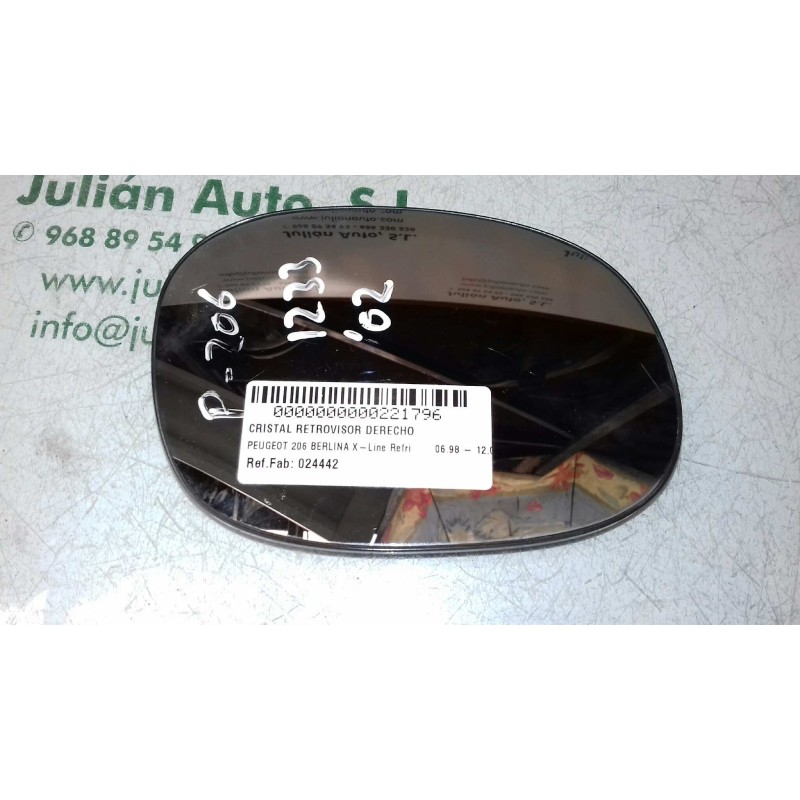 Recambio de cristal retrovisor derecho para peugeot 206 berlina x-line refri referencia OEM IAM 024442  