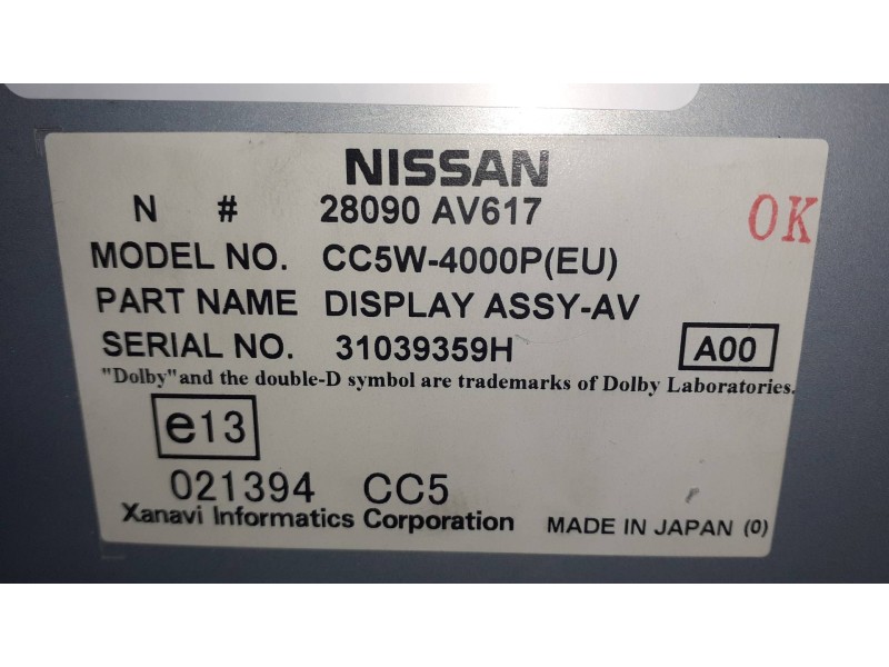Recambio de pantalla multifuncion para nissan primera berlina (p12) acenta referencia OEM IAM 28090AV617 31039359H CC5W4000P Recambio de pantalla multifuncion para nissan primera berlina (p12) acenta referencia OEM IAM 28090AV617 31039359H CC5W4000P