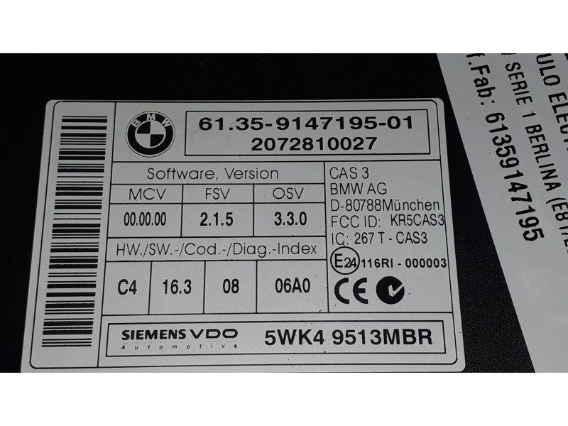 Recambio de modulo electronico para bmw serie 1 berlina (e81/e87) 118d referencia OEM IAM 61359147195 6135914719501 2072810027