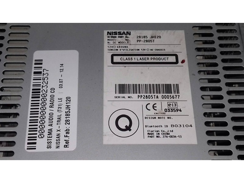 Recambio de sistema audio / radio cd para nissan x-trail (t31) le referencia OEM IAM 28185JH120 PP2805T 