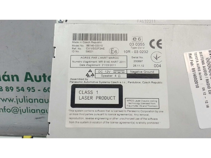 Recambio de sistema audio / radio cd para toyota auris active referencia OEM IAM 8614002010 10R030232 FA032211