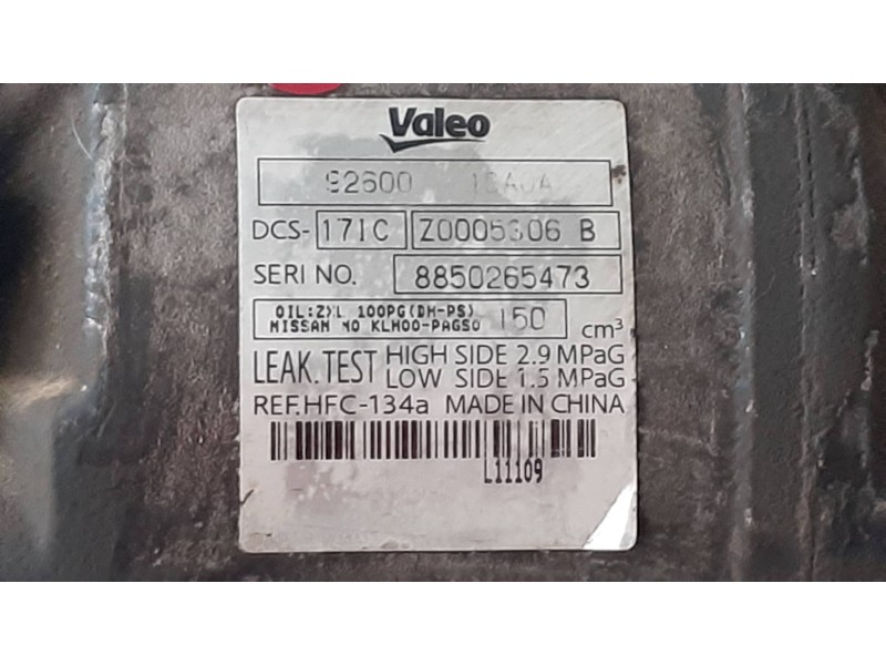 Recambio de compresor aire acondicionado para nissan x-trail (t31) se referencia OEM IAM Z0005306B DCS171C VALEO