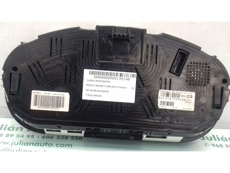Recambio de cuadro instrumentos para renault megane iii berlina 5 p emotion referencia OEM IAM RNI248100342R 248100342R A2C53258
