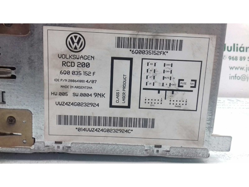 Recambio de sistema audio / radio cd para volkswagen polo (9n3) edition referencia OEM IAM 6Q0035152F RCD200 MP3