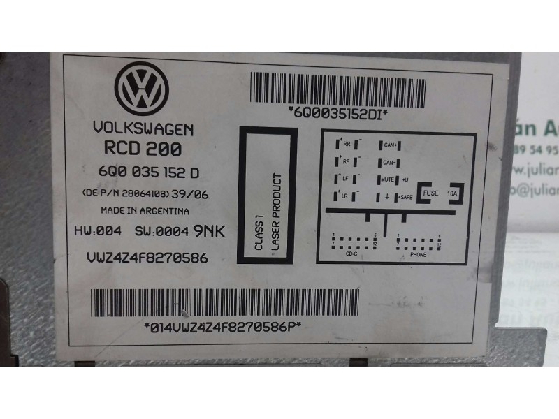 Recambio de sistema audio / radio cd para volkswagen polo (9n3) edition referencia OEM IAM 6Q0035152D RCD 200 MP3