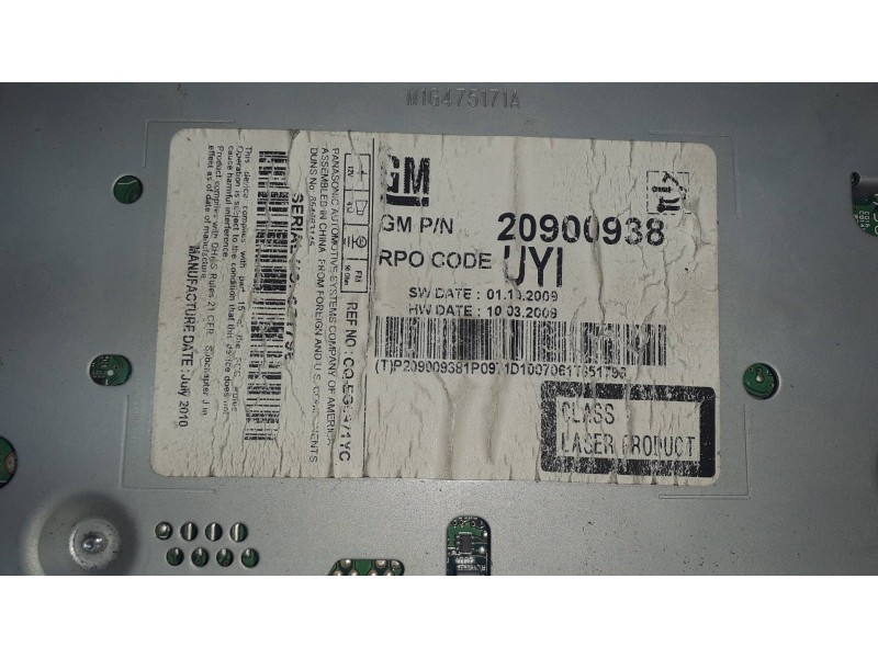 Recambio de sistema audio / radio cd para chevrolet cruze lt referencia OEM IAM 20900938  GM