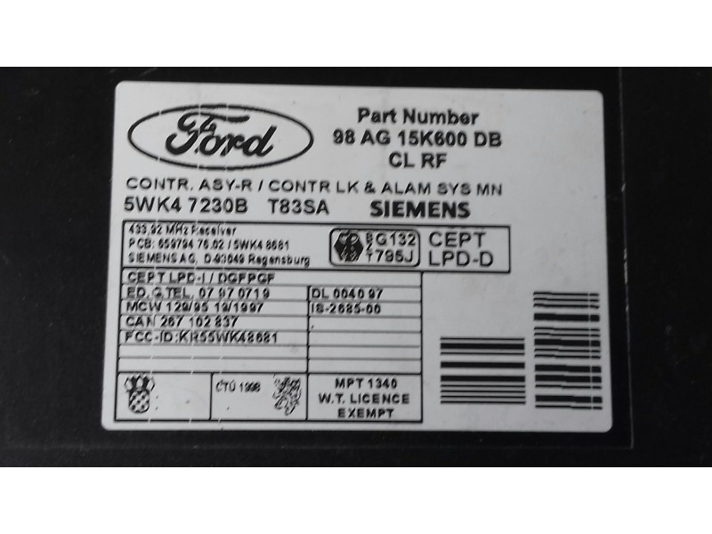 Recambio de centralita cierre para ford focus berlina (cak) ambiente referencia OEM IAM 98AG15K600DB 5WK47230B SIEMENS