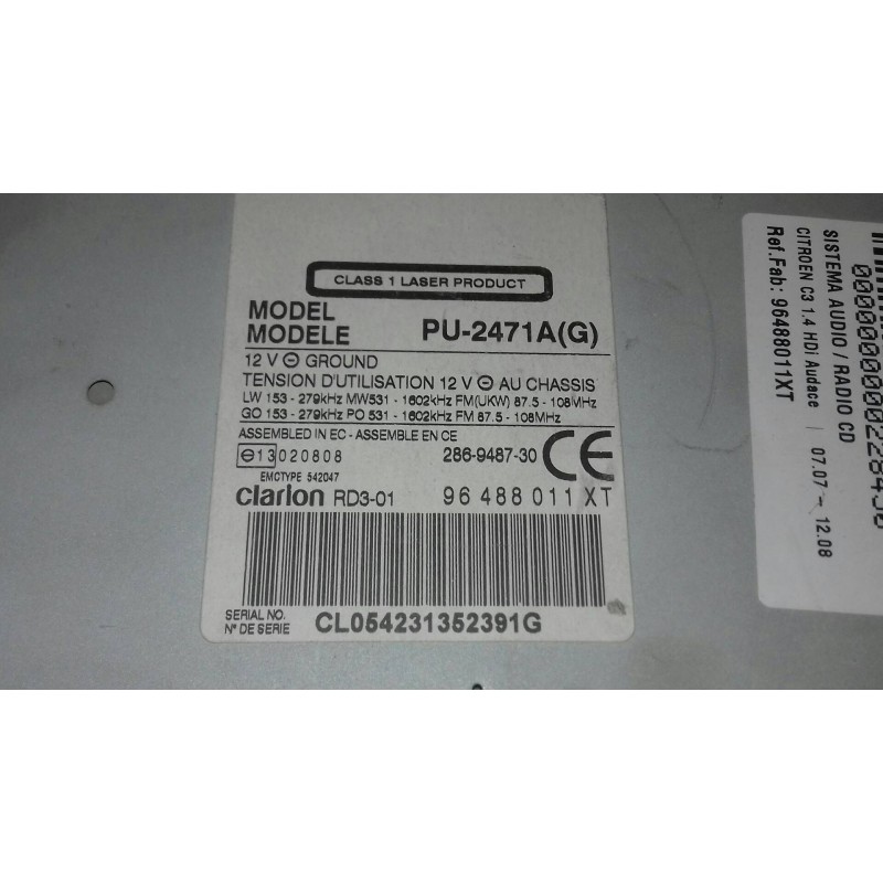 Recambio de sistema audio / radio cd para citroen c3 1.4 hdi audace referencia OEM IAM 96488011XT CLARION RD3-01 PU-2471A(G)