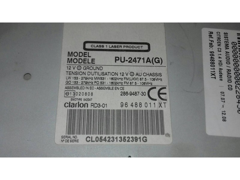 Recambio de sistema audio / radio cd para citroen c3 1.4 hdi audace referencia OEM IAM 96488011XT CLARION RD3-01 PU-2471A(G)
