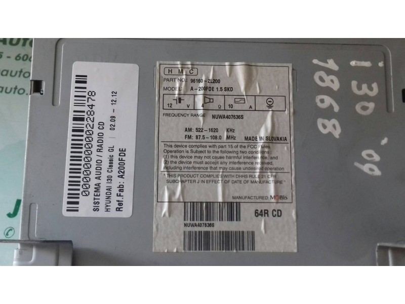 Recambio de sistema audio / radio cd para hyundai i30 classic gl referencia OEM IAM A200FDE 961602L200 64RCD
